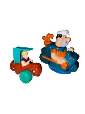 Vintage The Flintstones Fred Rolling Stamp Car & Barney Rubble Log Car Toy Lot
